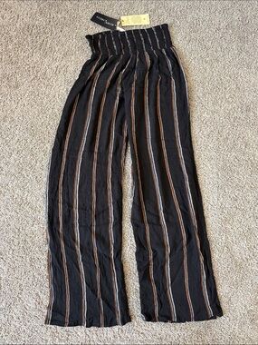 Elan Black Wide-Leg Striped Pants with Brown & White Stripes
